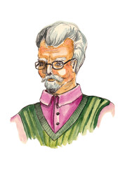 Portrait of an old man in glasses and with a beard. Cute granddad in cartoon style. Watercolor hand painted illustration isolated on white background.