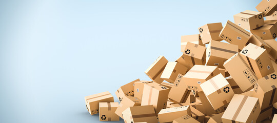 Cardboard boxes on blue background with empty space on left side, logistics and delivery concept. 3D Rendering
