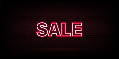 Neon sale vector advertising in led lamp shape discount concept on dark wall. Retro light gloving text offer graphic illustration.