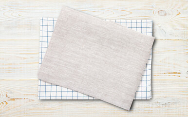 Napkin, table cloth on wooden deck mockup.