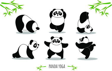 Panda yoga, set of yoga poses, funny cartoon panda, bamboo branches. Vector illustration