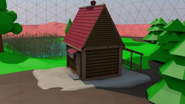 Low-poly animation of a Martian colony. A house, a lake, a forest and a garden under a dome behind which is a Martian base with a rover and a rocket that lands on the launch pad of the cosmodrome.