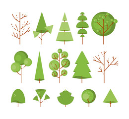 Collection of trees illustrations. Set of abstract stylized trees on a white background. Nature elements. Flat style. Vector illustration