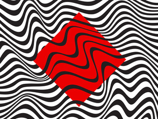 Red rhombus frame, black halftone waves on white abstract vector banner.