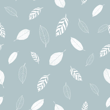 Vector white linear leaves grey seamless pattern
