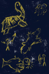 Primitive rock painting. Animals on a black background.