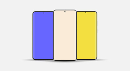 Smartphone blank screen for presentation template. Set of three phones in trendy colors. Mockup for UI design interface. Device model. Vector illustration.