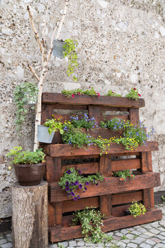 Blumendekoration auf Holzpaletten - Upcycling