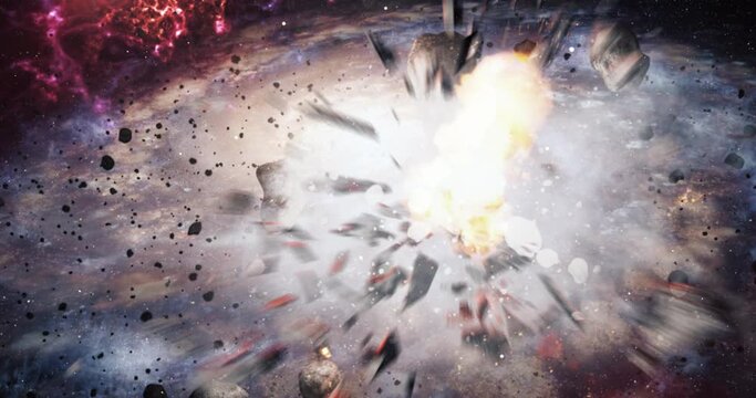 Space catastrophe, galaxy, flight through asteroids, collisions of meteorites in space, comets in space, fiery comets