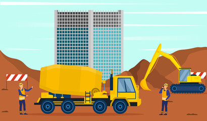 Two male characters standing next to concrete mixer on construction site. Men in uniform working on building construction. Flat cartoon vector illustration © Rudzhan