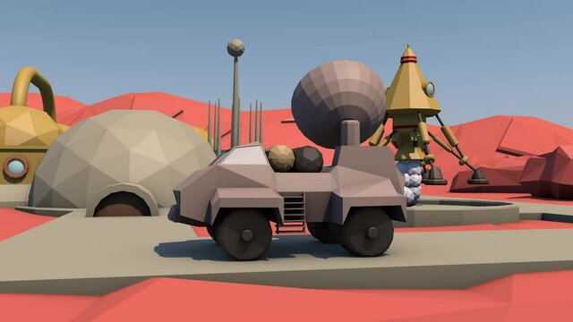 Low-poly animation of a Martian colony. Martian settlement, space tourism. The Rover, moving along the road, rotates the antenna. The lander will land on the launch pad of the cosmodrome.