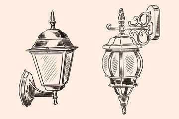 Hanging wall lamp in classic style for street lighting. Handmade sketch on a beige background.