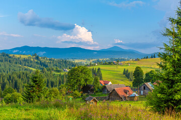 Beautiful summer landscape of village among Karpaty mountains