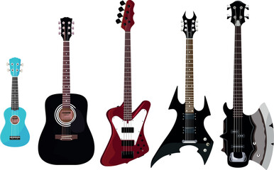 Set of guitars on a white background.Electric guitar, bass guitar, acoustic guitar and ukulele