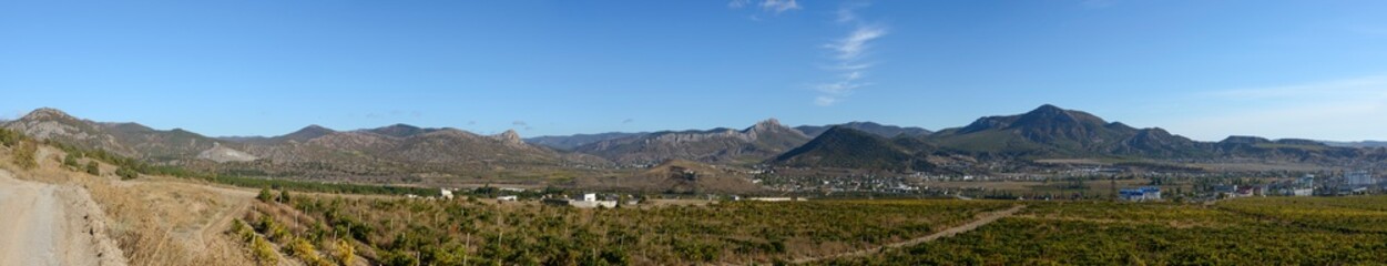 Fototapeta na wymiar View towards Sudak valley from Lysaya mountain foothills, Crimea, Russia.