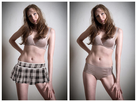 Attractive young woman wearing and not wearing miniskirt over her skin colored bikini in front of gray studio background