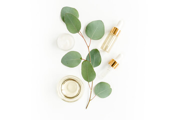 Eucalyptus essential oil, eucalyptus leaves on white background. Natural, Organic cosmetics...