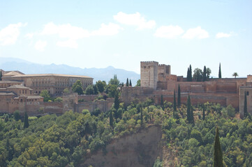 Fototapeta na wymiar View of the streets and old buildings of Granada, historic city of Andalusia (Spain). The Alhambra from the viewerpoint of San Nicolas 
