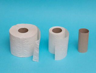 Rolls of toilet paper unrolling against blue background showing usage of toilet paper and panic-buy during covid.