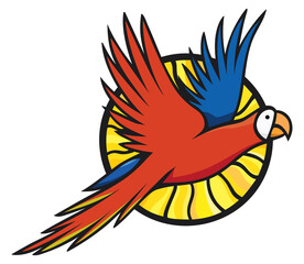 Flying macaw parrot and the sun bright logo