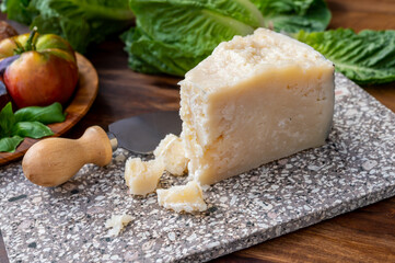 Cheese collection, aged hard Italian sheep cheese black pecorino from Sicily island or pecorino nero di Sicilia.