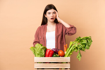 Young farmer girl with freshly picked vegetables in a box has just realized something and has intending the solution