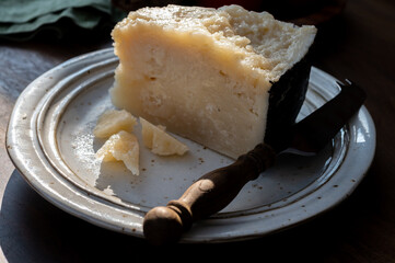 Cheese collection, aged hard Italian sheep cheese black pecorino from Sicily island or pecorino nero di Sicilia.