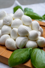 Italian food, fresh fresh green basil and white mini mozzarella soft balls cheese