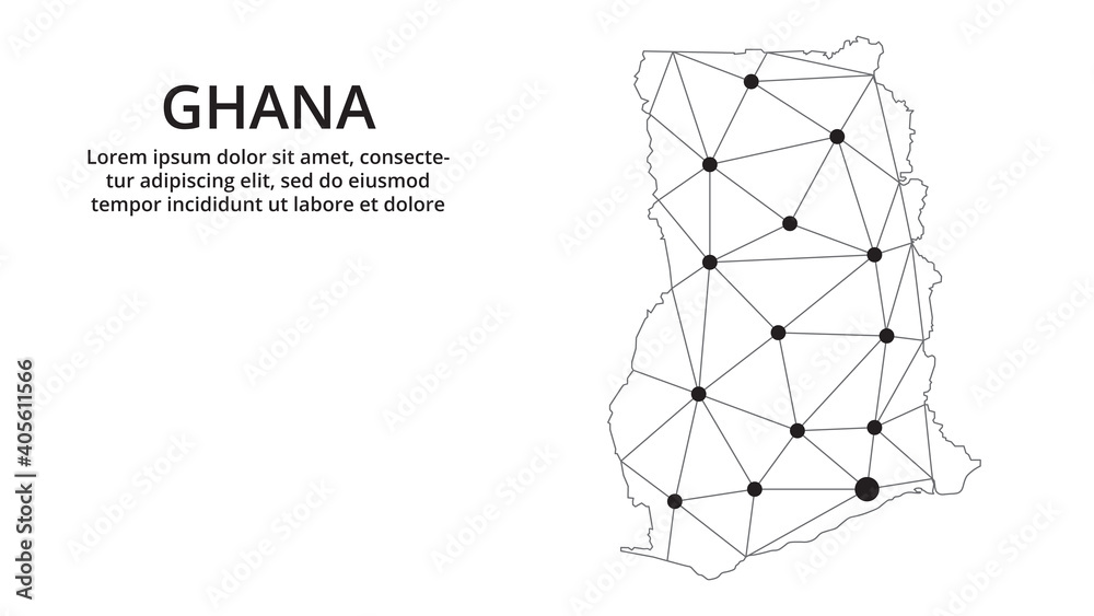 Poster ghana communication network map. vector low poly image of a global map with lights in the form of ci