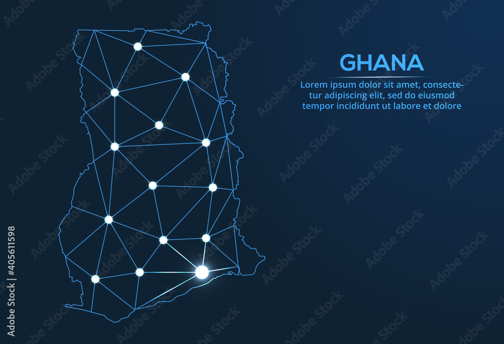 Poster ghana communication network map. vector low poly image of a global map with lights in the form of ci