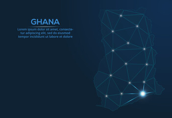 Ghana communication network map. Vector low poly image of a global map with lights in the form of cities. Map in the form of a constellation, mute and stars.