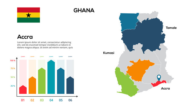 Ghana map. image of a global map in the form of regions of Ghana regions. Country flag. Infographic timeline. Easy to edit