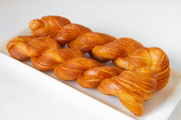 Fried Dough Twist close up. Mahua. Chinese classical bakery snack dessert.
