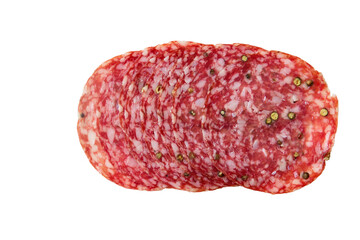 Salami smoked sausage slices isolated on white background, top view.