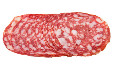 Salami smoked sausage slices isolated on white background, top view.