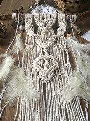 Handmade Macrame wall hanging white color with feathers