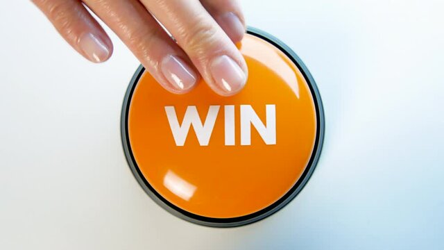 Woman pressing Win button. Big prize or bonus. Win a game, in casino, on website. Simple way to make cash. History of success. Concept of getting rich fast. Get easy money, jackpot. Lottery, contest.