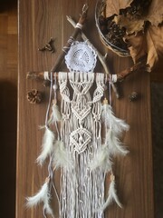 Handmade Native American wall hanging white color with feathers