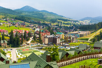 Fototapeta na wymiar Ski resort base Bukovel in Karpaty mountains in summer day