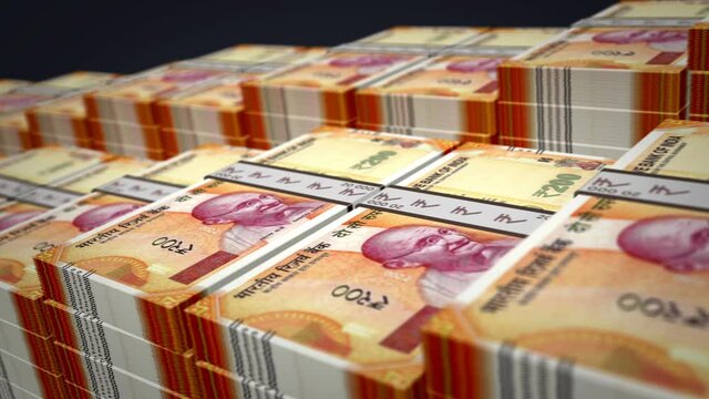 Indian rupee banknote bundle growth up loop. 200 INR money stacks. Concept of cash pack, crisis, banking, business, success, recession, economy, bank, debt and finance. Loopable seamless 3d animation.