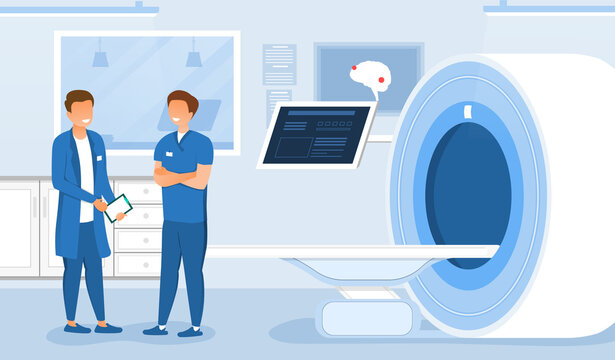 Two male doctors testing magnetic resonance imaging. Men standing next to mri machine and talking. Concept of medical research and diagnosis. Flat cartoon vector illustration