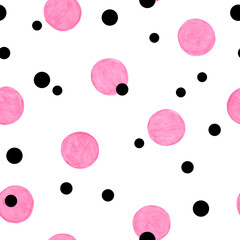 Seamless pattern with pink and black circles. Abstraction.