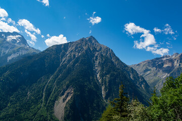 View on high Alpine mountains from winter and summer sport station Les deux Alpes, Isere, France