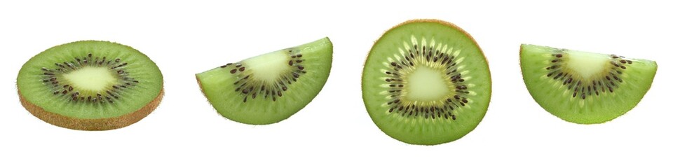Fototapeta na wymiar set of four juicy slices of bright kiwi on a white isolated background close-up