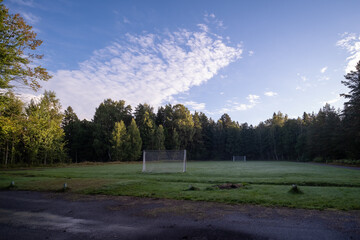 Fototapeta na wymiar abandoned football field in the woods early in the morning a little mist wrapped