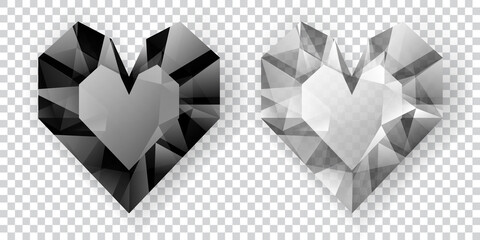 Two hearts in black and white colors made of crystals witn shadow on transparent background