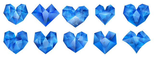 Set of blue hearts of various shape made of crystals
