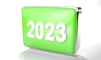 2023 glossy green box on white background - 3D rendering illustration
