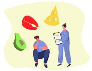 Nutrition Diet Plan.
Nutritionist Doctor or Dietitian Holding Clipboard with Diet Plan.Healthy Food and Diet Planning.Healthy Nutrition.Vegan Eating.Protein Products for Keto Diet.Vector Illustration