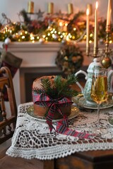 Table served for Christmas dinner in living room